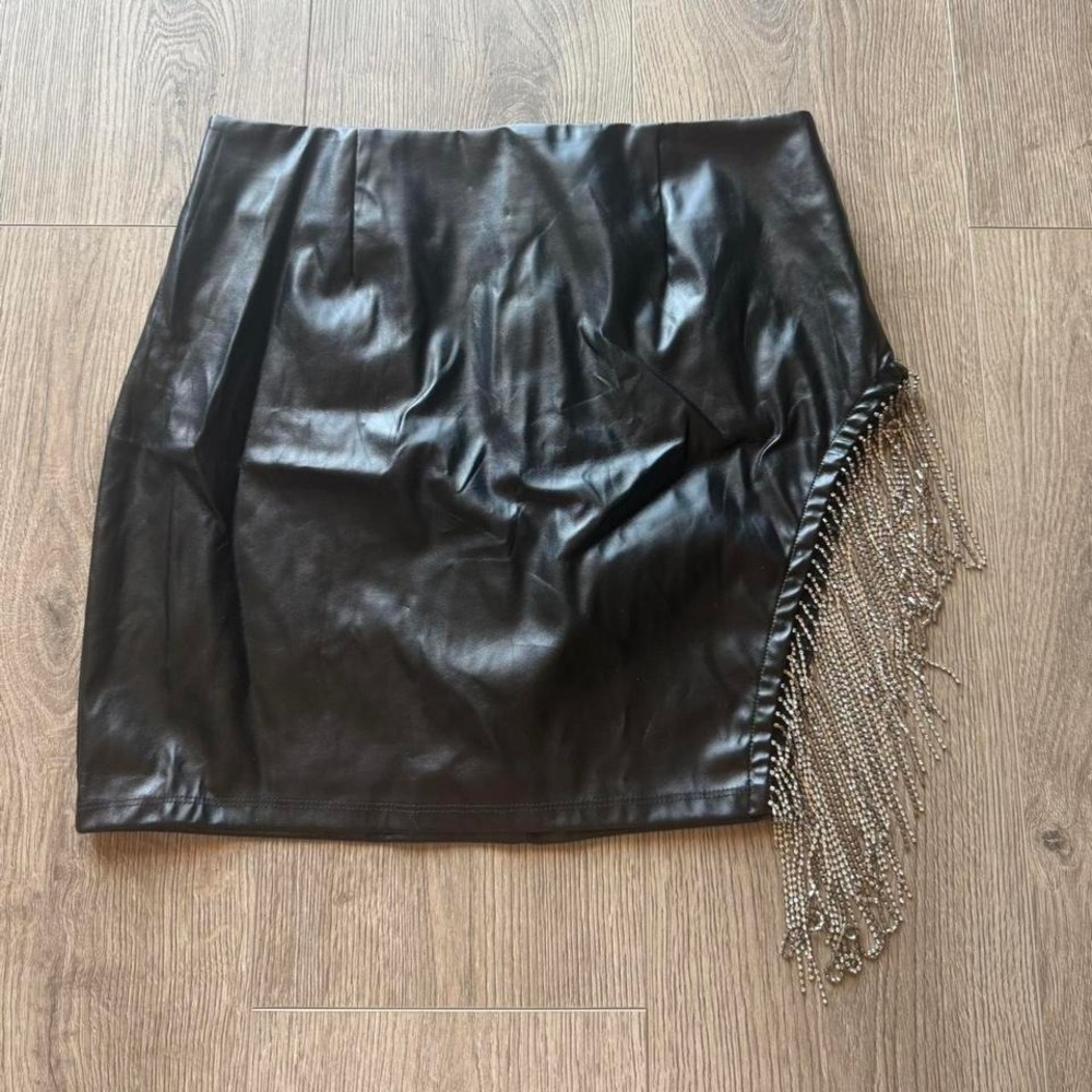 Black Faux Leather Festival Fringe Mini Skirt Windsor Size M